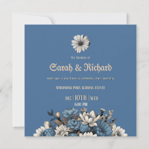 Elegante Denim & Navy Bloemen bruiloft Uitnodigen Kaart