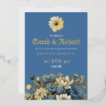 Elegante denimblauwe & gouden folie uitnodiging