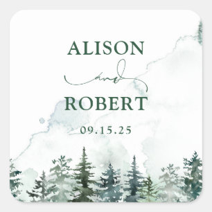 Elegante dennenbomen bos kalligrafie bruiloft vierkante sticker