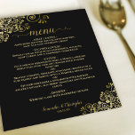 Elégante dentelle d'or sur le menu Mariage à budge<br><div class="desc">Ces beaux menus mariages sont simples,  élégants et élégants tout en étant abordables et abordables. Elles présentent un design élégant et séduisant avec de la dentelle en faux feuille doré et de la calligraphie de script sur un arrière - plan noir. Le dos est une belle couleur dorée marbrée.</div>