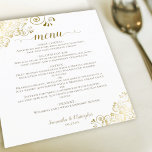 Elégante dentelle or sur le menu Mariage budget bl<br><div class="desc">Ces beaux menus mariages sont simples,  élégants et élégants tout en étant abordables et abordables. Elles présentent un design élégant et séduisant avec de la dentelle en faux feuille doré et de la calligraphie de script sur un arrière - plan blanc. Le dos est une belle couleur dorée marbrée.</div>