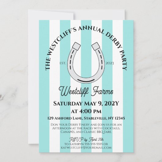 Elegante Derby Party Blue Cabana Stripe Hoefijzer Kaart (Voorkant)
