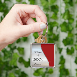 Elegante diagonale werveling rood zilver afstudere sleutelhanger