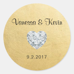 Elegante Diamant Hart Goud Bruiloft Gift Favoriete Ronde Sticker