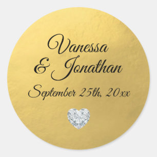 Elegante Diamant Hart Gouden Folie Huwelijkszegels Ronde Sticker