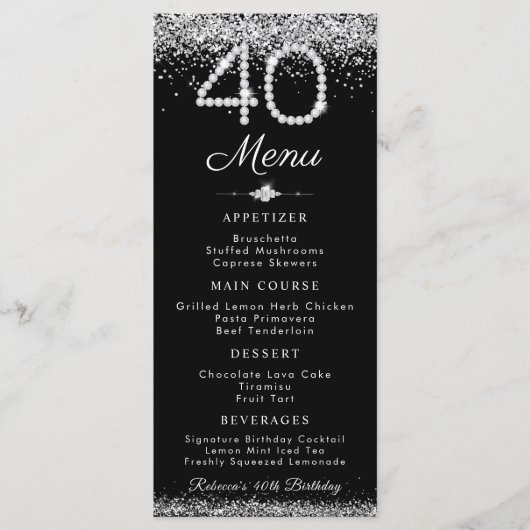 Elegante Diamanten 40e Verjaardag Diner Platte Men Menu (Voorkant)