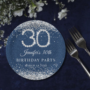 Elegante diamanten & denim 30e verjaardagsfeest papieren bordje