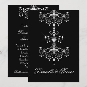 Elegante  diamanten kroonluchter op zwarte bruilof kaart