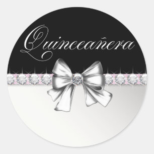 Elegante diamanten roze zwarte Quinceanera-sticker Ronde Sticker