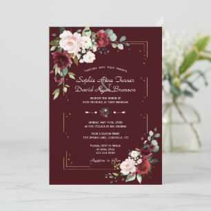 Elegante Diep Bourgondië Blush Bloemen Gouden Brui Kaart