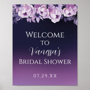 Elegante Diep Paarse Bloemrijke Bruiloftswelkom Poster