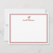 Elegante Diep Rode Monogram Dubbele Rand Wit Notitiekaartje (Voorkant)