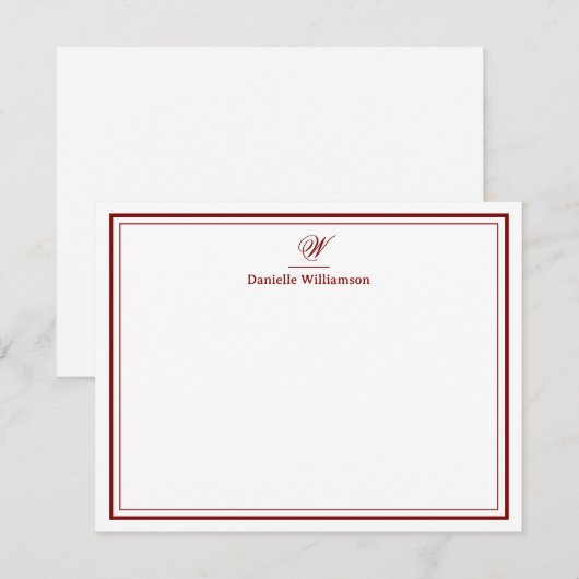 Elegante Diep Rode Monogram Dubbele Rand Wit Notitiekaartje (Voorkant / Achterkant)
