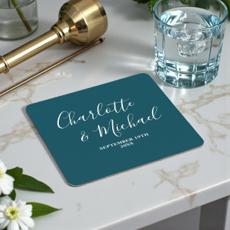 Elegante Diep Teal Schrift Minimalistische Trouwda Vierkante Kartonnen Onderzetter