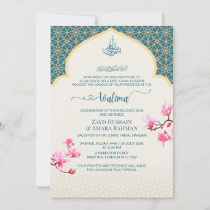 Elegante Diep Teal Walima Uitnodiging met Magnolia