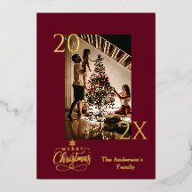 Elegante diepe burgundy en gouden kerstfoto