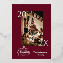 Elegante diepe burgundy en zilveren kerstfoto