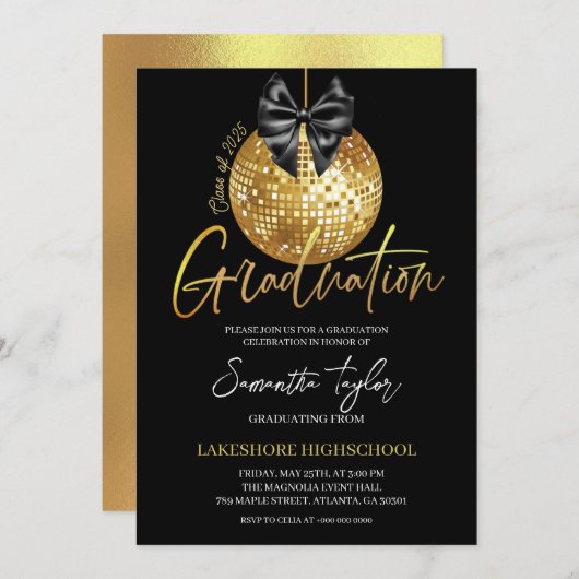 Elegante discobal Uitnodiging voor afstuderen (Voorkant / Achterkant)