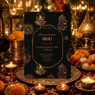 Elegante Diyas Zwarte en Gouden Diwali Kaart
