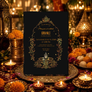 Elegante Diyas Zwarte en Gouden Diwali Kaart
