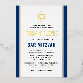 Elegante donkerblauwe bar mitswa Ster van David ec Folie Uitnodiging