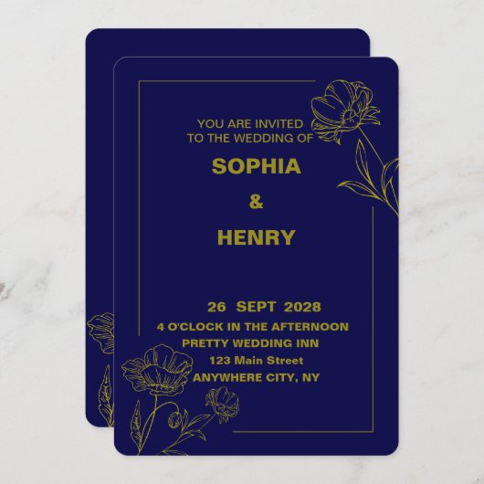 Elegante donkerblauwe en gouden bloemige bruiloft kaart (Voorkant / Achterkant)