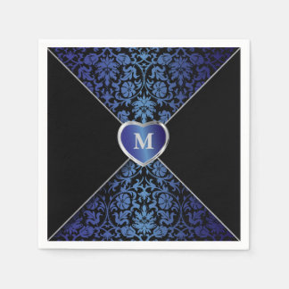 Elegante donkerblauwe en zwarte Damask | Monogram Servet