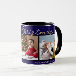 Elegante Donkerblauwe Prettig Kerstmis 3 Foto's Ga Mok