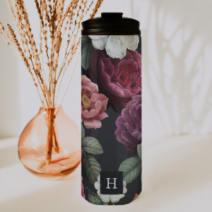 Elegante donkere bloemen op zwart Monogram tumbl Thermosbeker