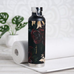 Elegante donkere bloemen op zwart Monogram tumbl Waterfles