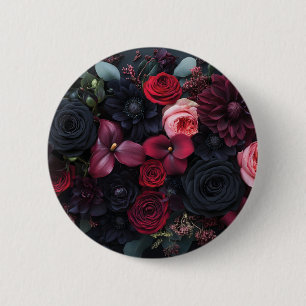 Elegante donkere bloemschikking met rozen ronde button 5,7 cm