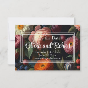 Elegante donkere humeurige bloemen save the date