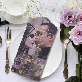 Elegante Donkergotische Paarse Bloemen Roos Foto All In One Uitnodiging