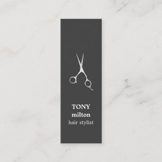 Elegante donkergrijze faux zilveren schaar Haarsty Mini Visitekaartje (Voorkant)