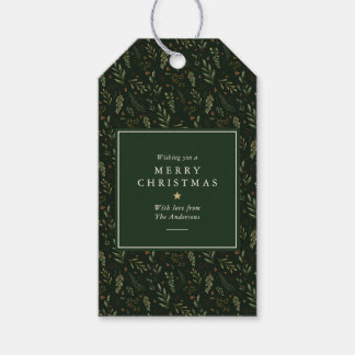 Elegante donkergroene botanische vrolijk kerstfees cadeaulabel