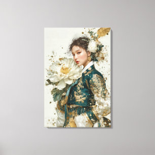Elegante donkergroene Hanbok en witte pioen Canvas Afdruk