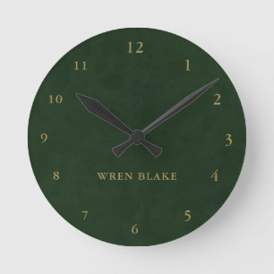 Elegante donkergroene leer & gouden script naam ronde klok
