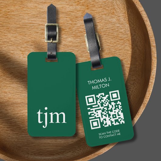 Elegante donkergroene witte bold monogram QR-code Bagagelabel