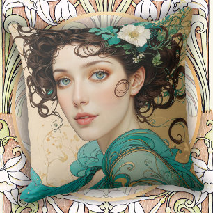 Elegante Donkerharige Art Nouveau Vrouw Kussen