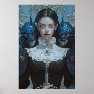 Elegante donkerharige vrouw in  zwarte jurk Po Poster