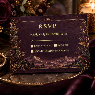 Elegante donkerpruim Berg Goud Botanische RSVP Kaartje