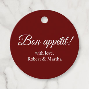 Elegante donkerrode bon appétit aangepaste persoon bedankjes labels