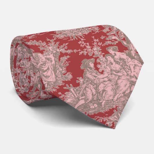 Elegante  donkerrode toile de jouy bedrukt stropdas (Opgerold)