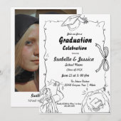 Elegante Doodle Style Hand Drawn Twin Afstuderen Kaart (Voorkant / Achterkant)