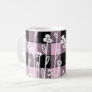 Elegante doodle zwart roze bloemenplaid patroon koffiemok