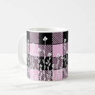 Elegante doodle zwart roze bloemenplaid patroon koffiemok