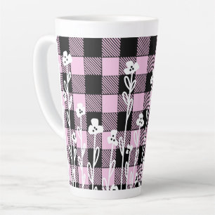 Elegante doodle zwart roze bloemenplaid patroon latte mok