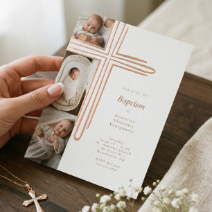 Elegante Doop Christening Religieus Kruis Foto Folie Uitnodiging