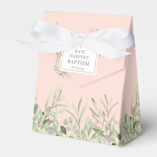 Elegante doop groen gebladerte blush roze bedankdoosjes (Voorkant Zijde)