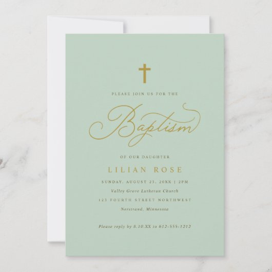 Elegante Doop Sage Script Kruis Kaart (Voorkant)